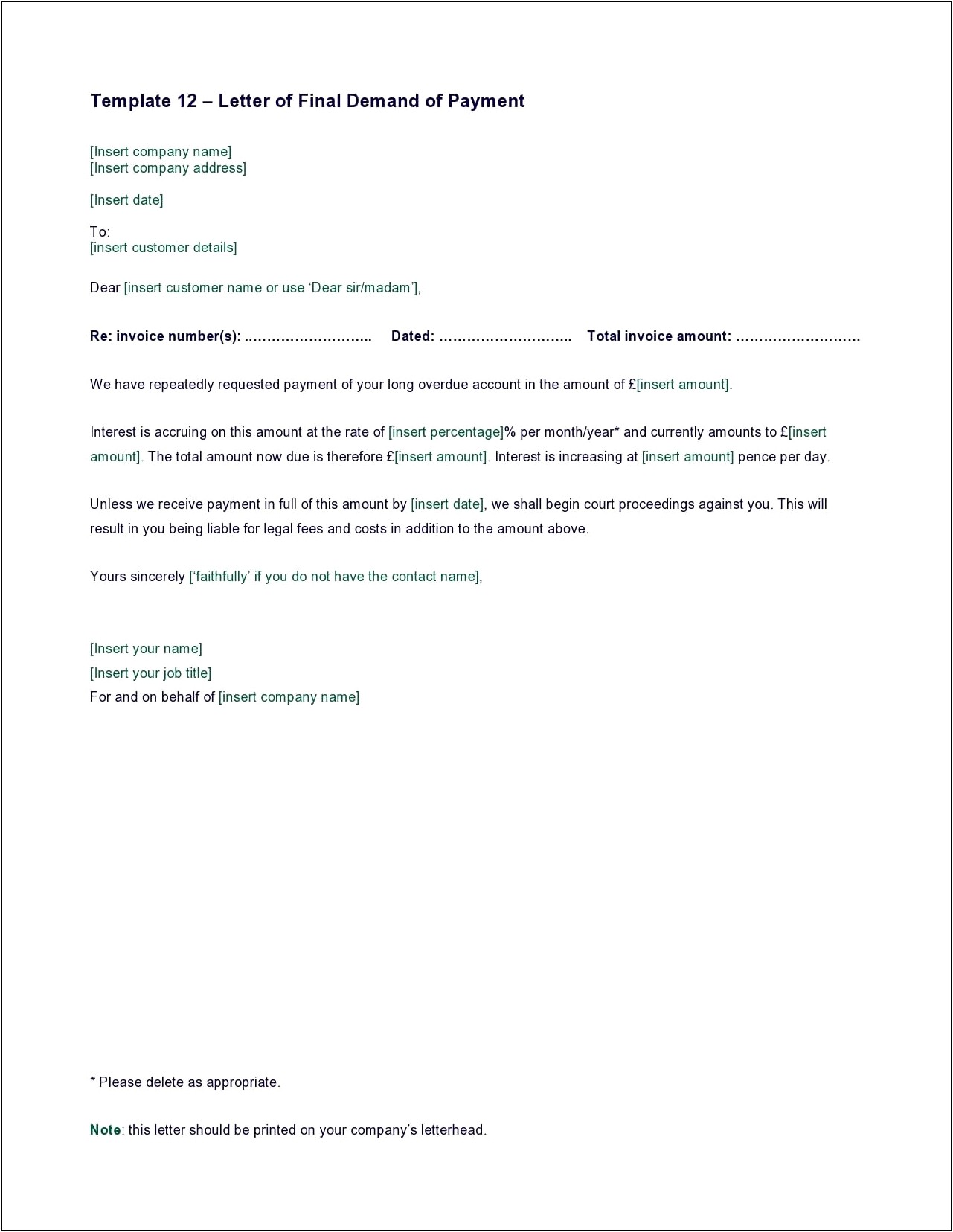 Credit Control Final Demand Letter Template