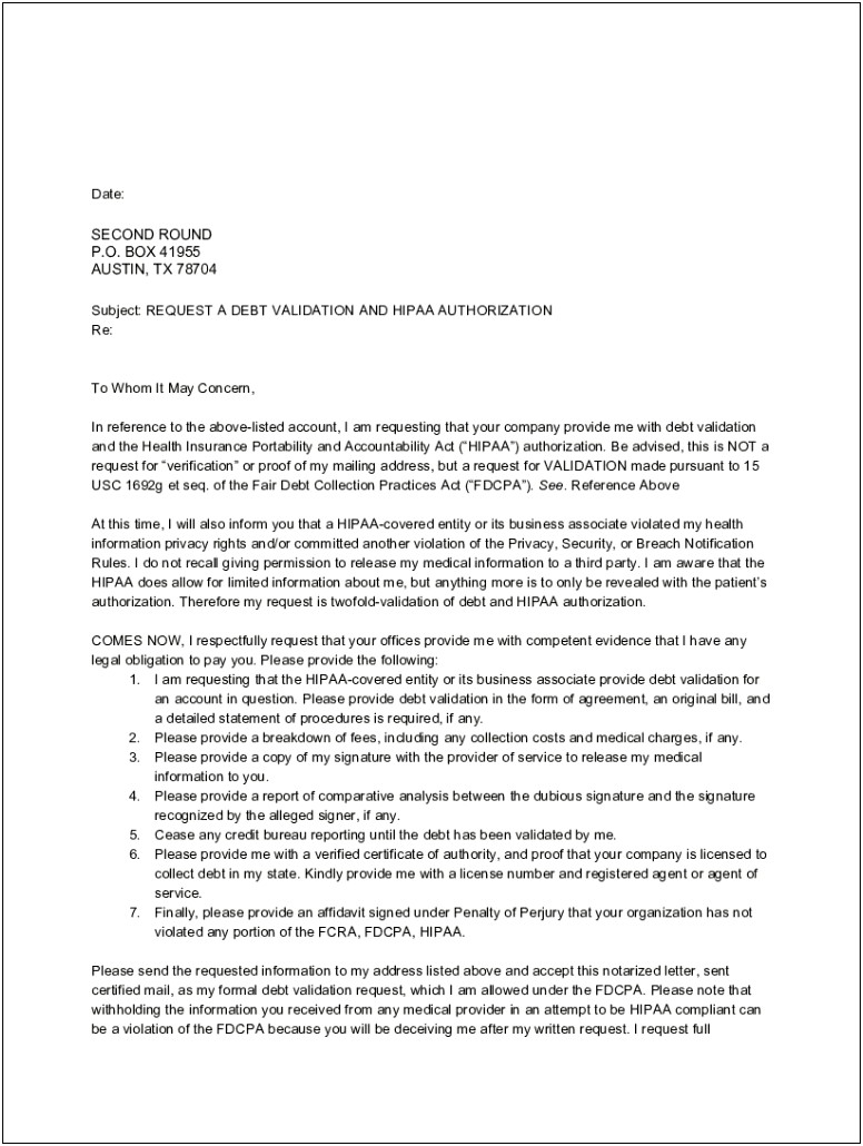 Credit Dispute Letter To Debt Collection Template