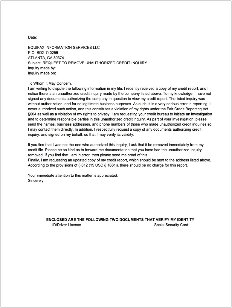 Credit Hard Inquiry Removal Letter Template