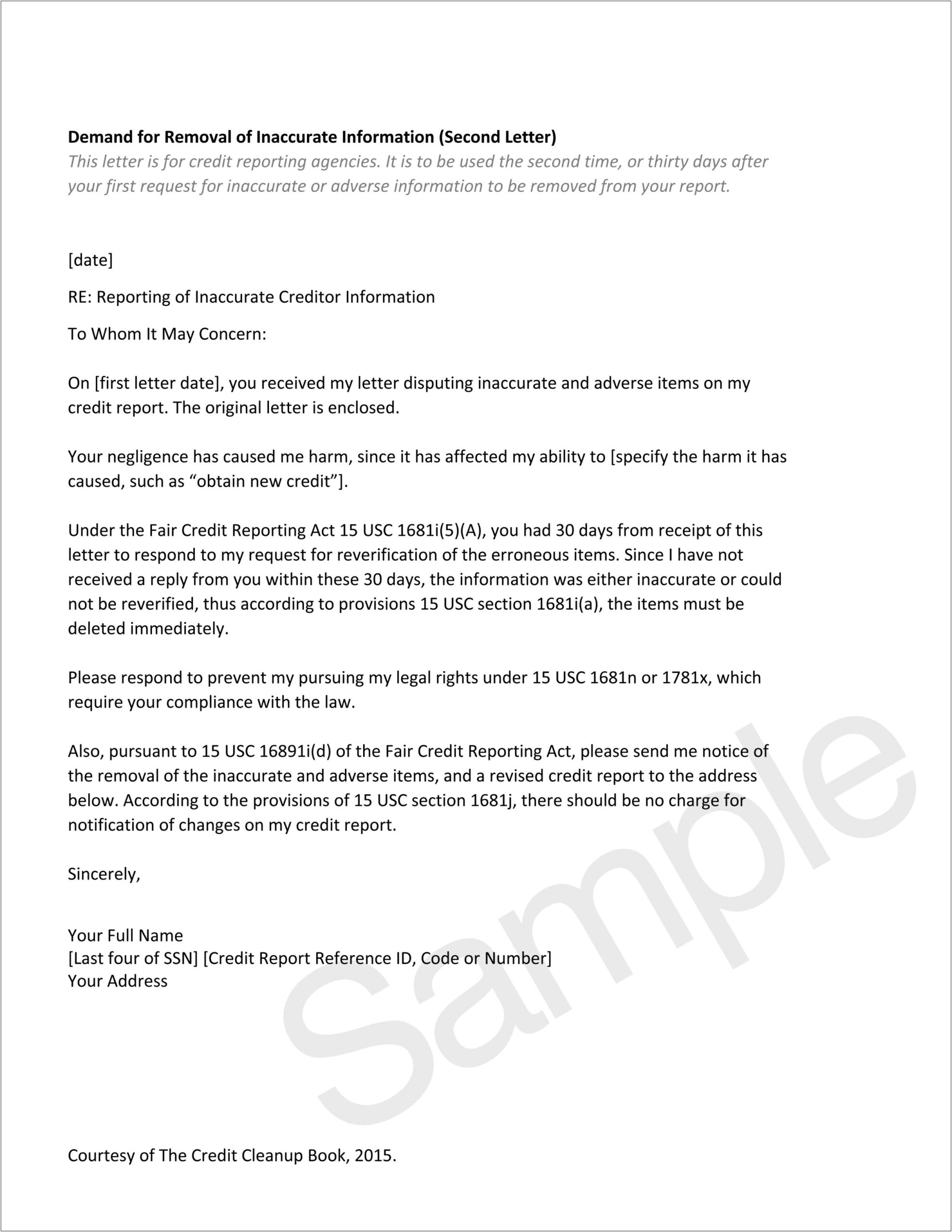 Credit Inquiry Removal Letter Template To Creditors