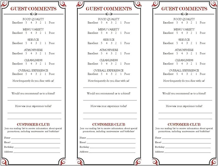 Customer Comment Cards For Restaurants Templates