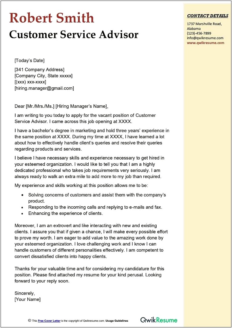 Customer Service Advisor Cover Letter Template