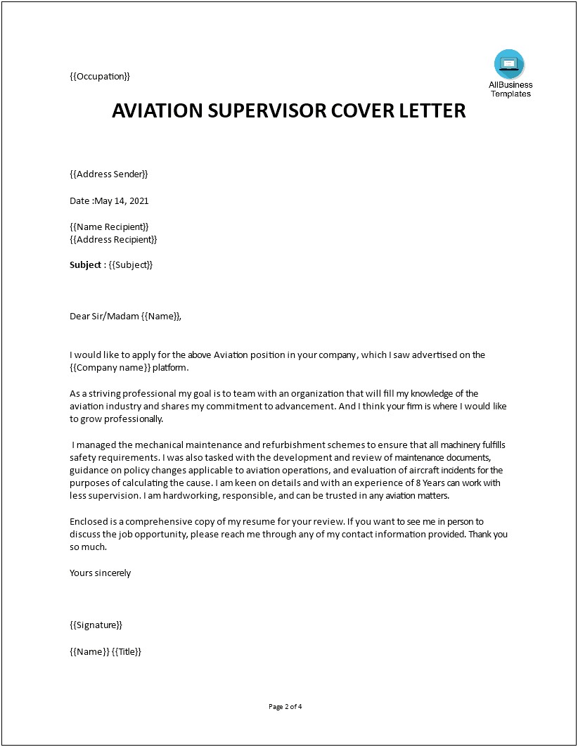 Customer Service Supervisor Cover Letter Template