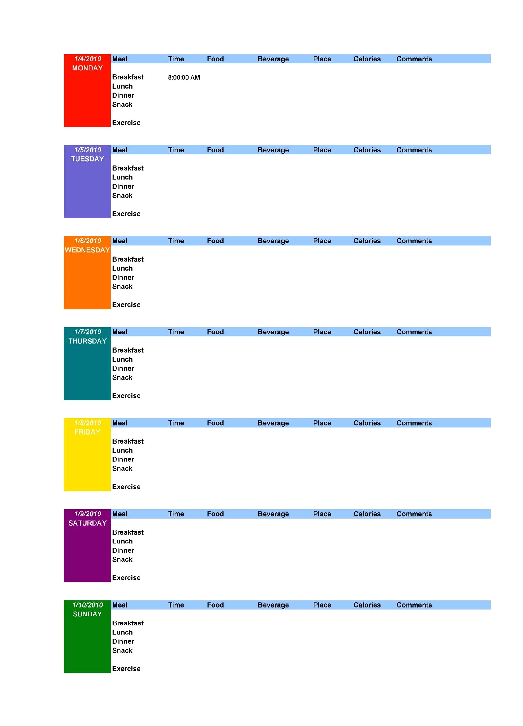 Daily Diet And Exercise Plan Template