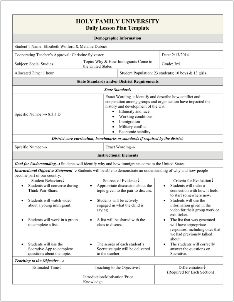 Daily Lesson Plan For Students Template