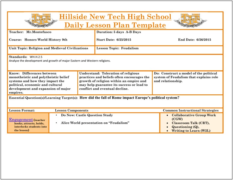 Daily Lesson Plan Template Elementary School