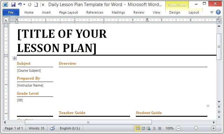 Daily Lesson Plan Template For Elemenatry