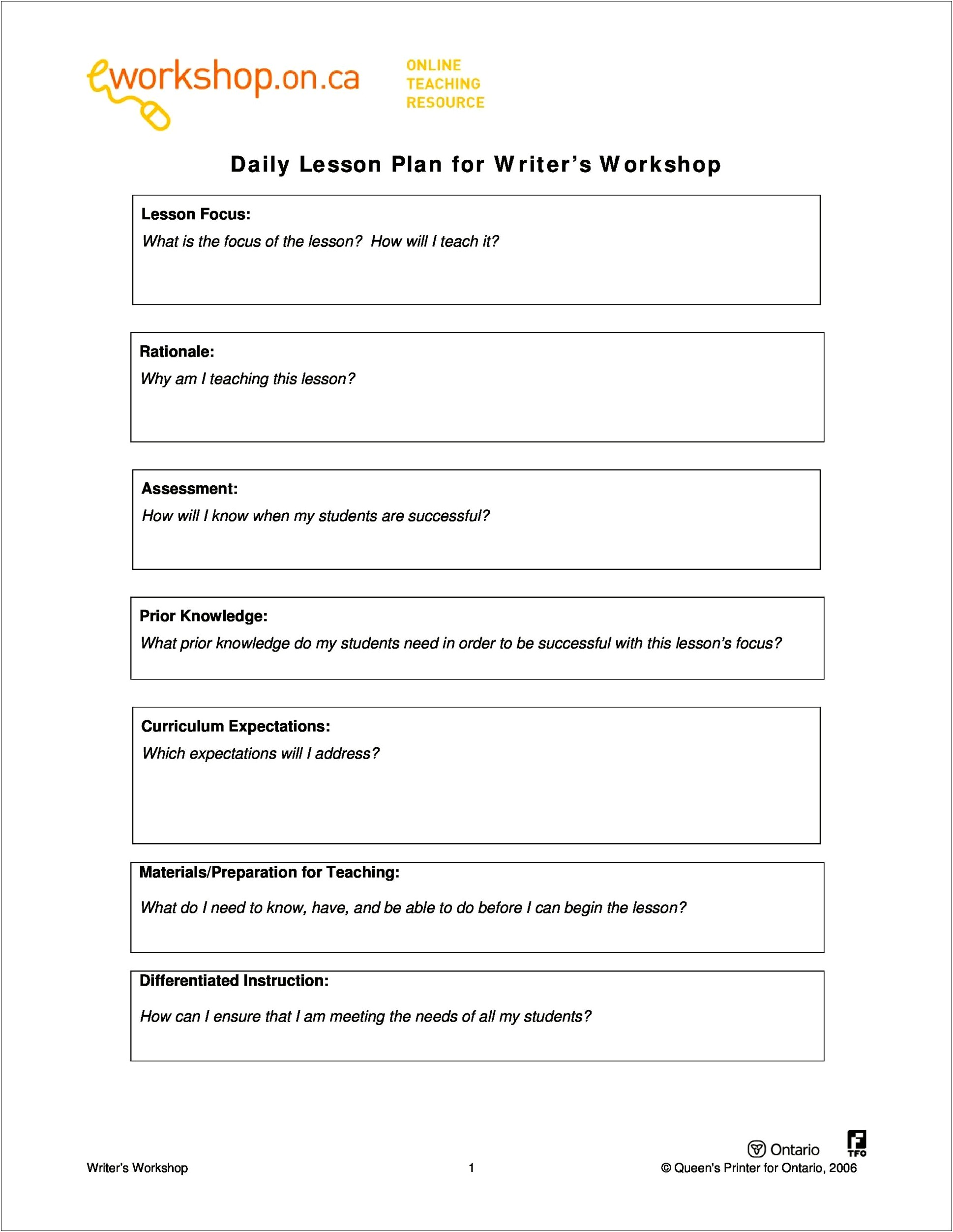 Daily Lesson Plan Template For Elementary Teachers