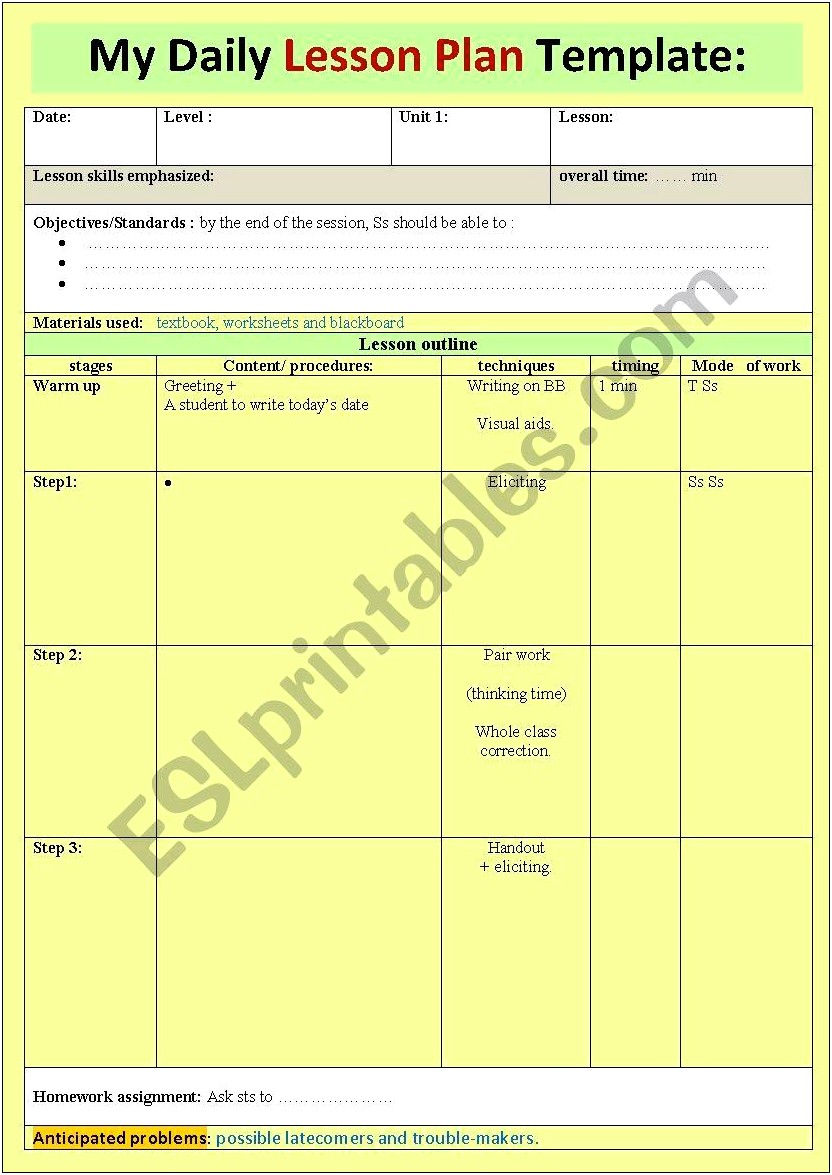 Daily Lesson Plan Template K 12