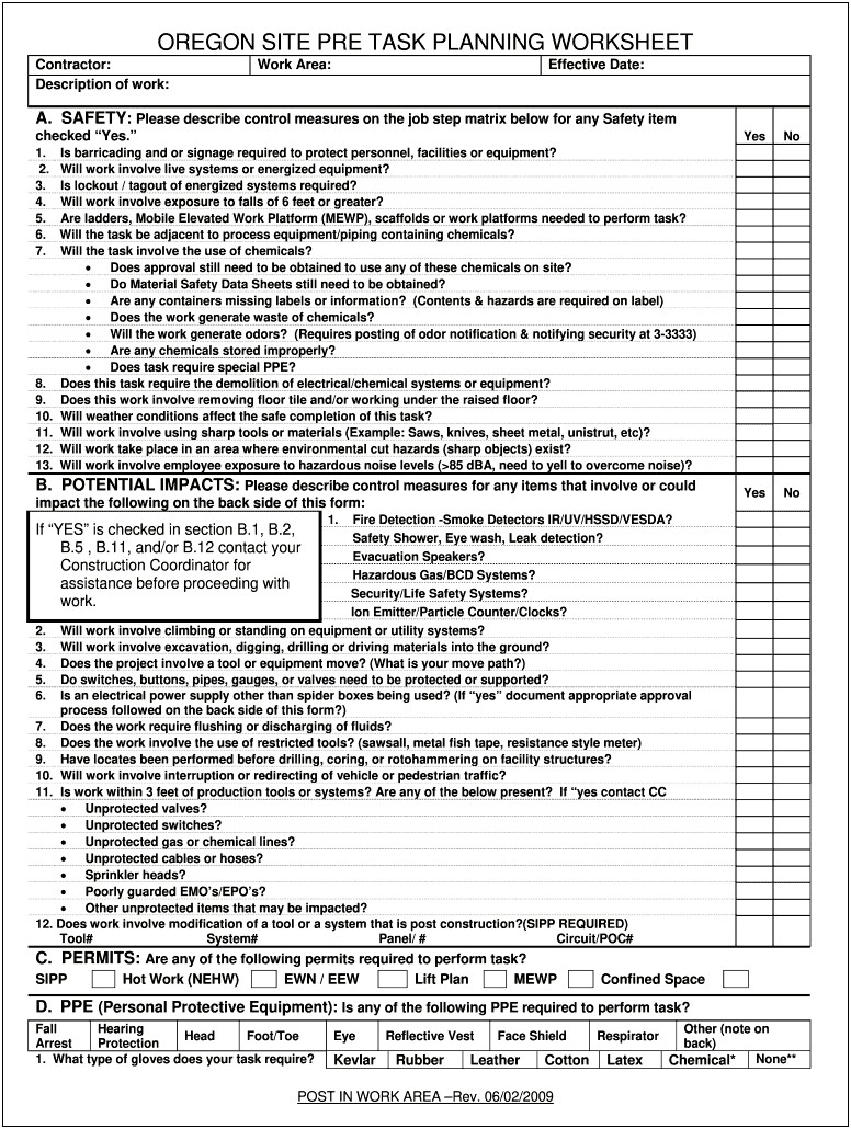 Daily Pre Task Plan Template Construction