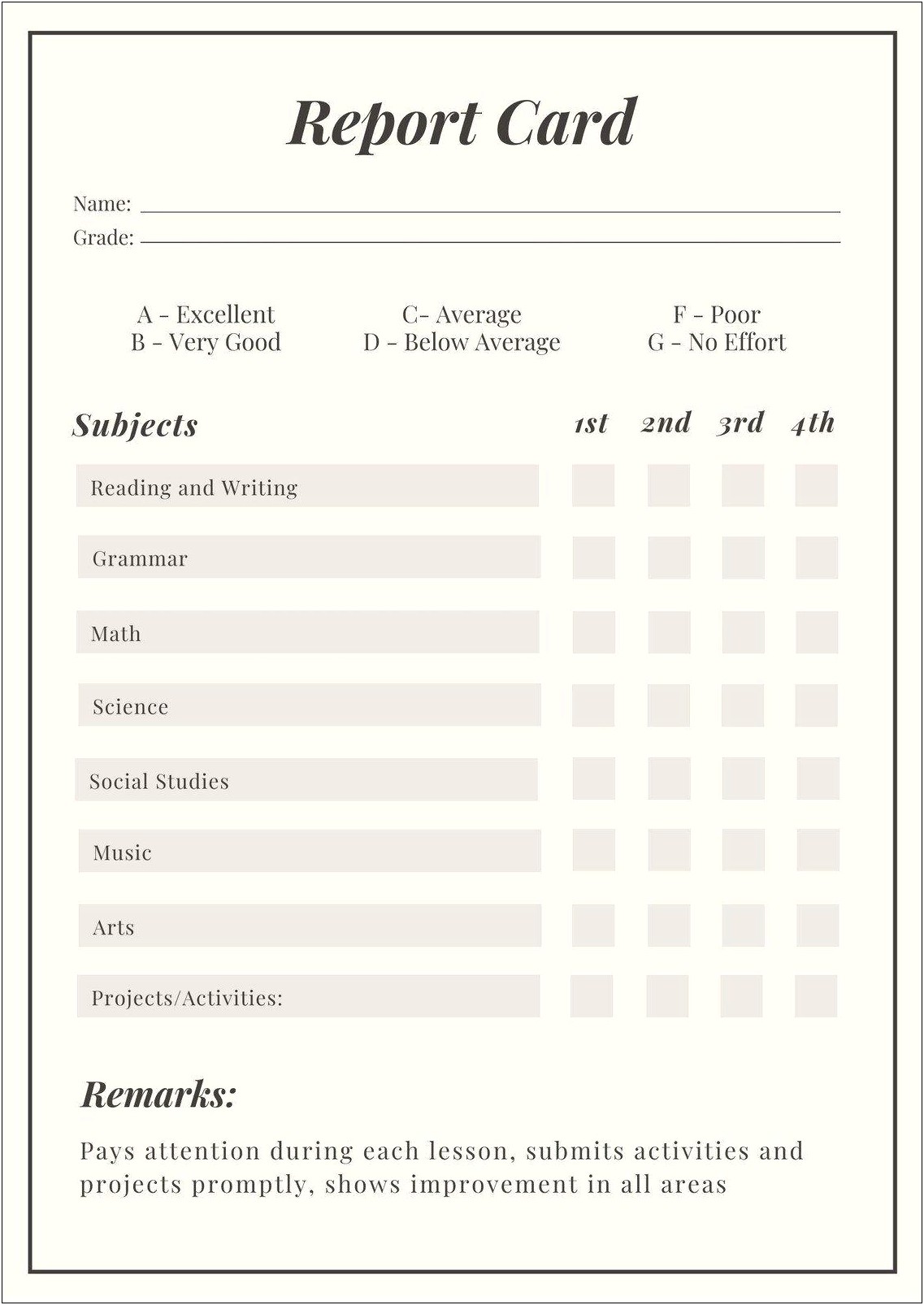 Daily Report Card Template For Adhd