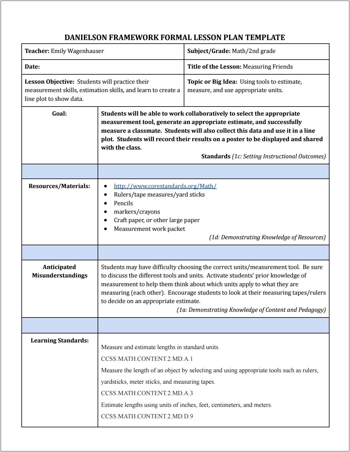 Danielson Lesson Plan Template Google Docs