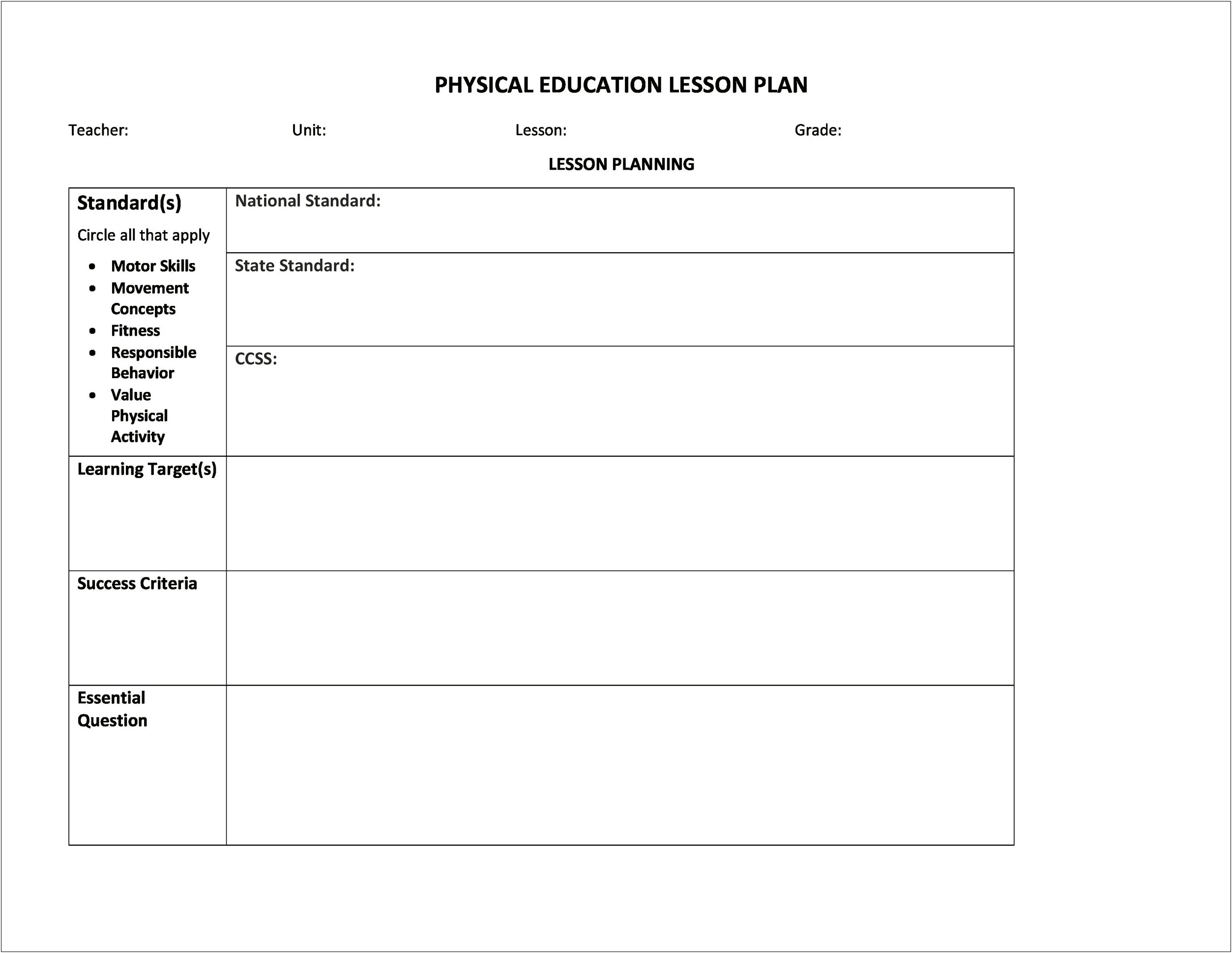 Danielson Lesson Plan Template Physical Education