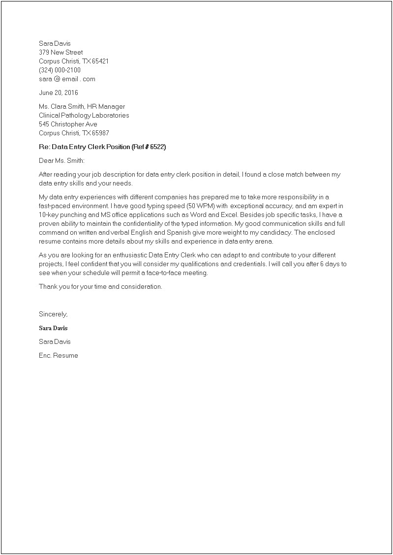 Data Entry Clerk Cover Letter Template