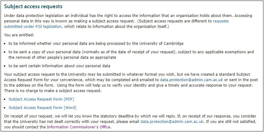 Data Protection Act Subject Access Request Template Letter