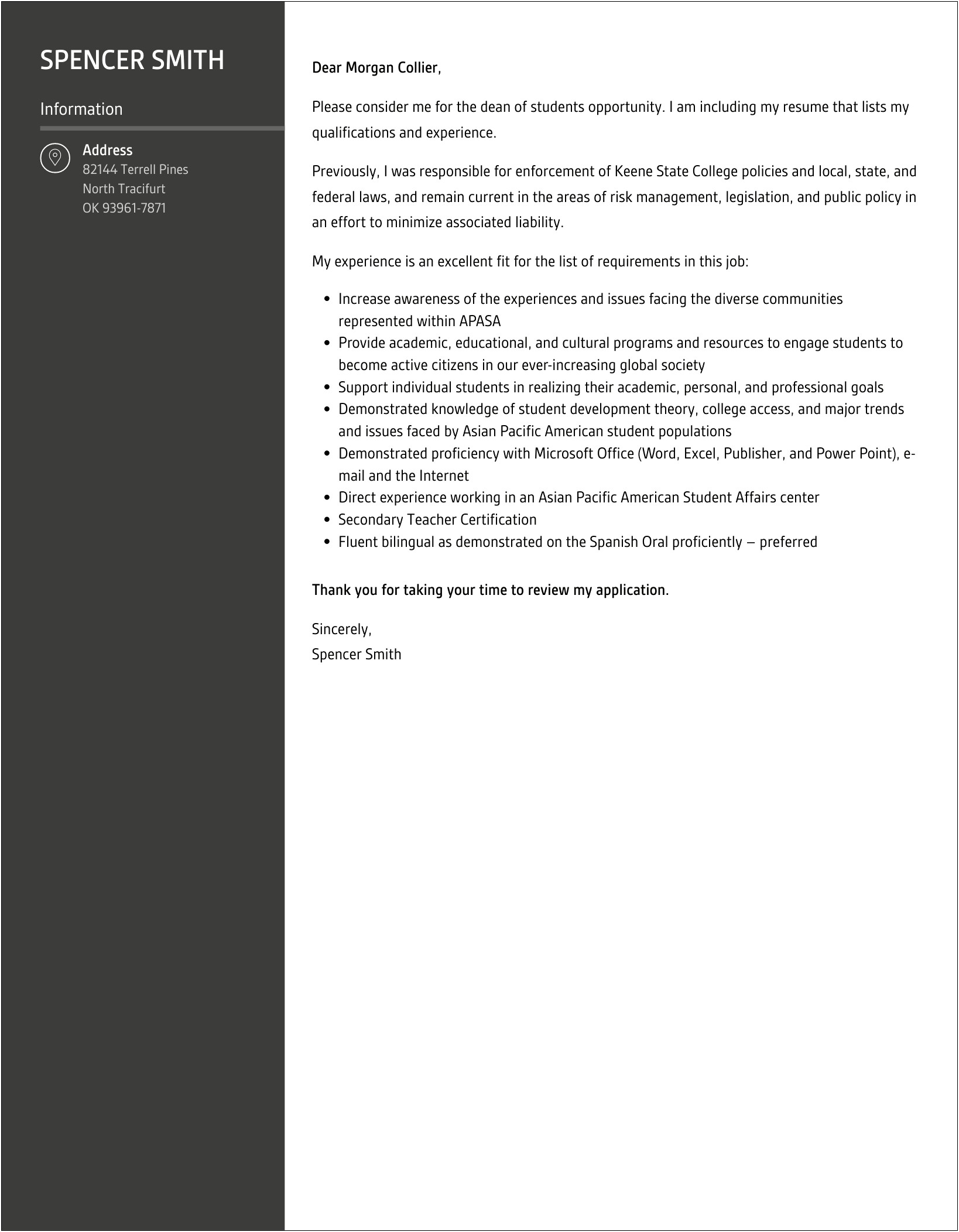 Dean Of Students Cover Letter Templates