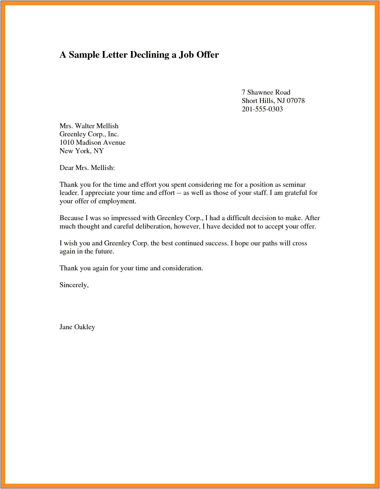 Decline To Offer Job Letter Template