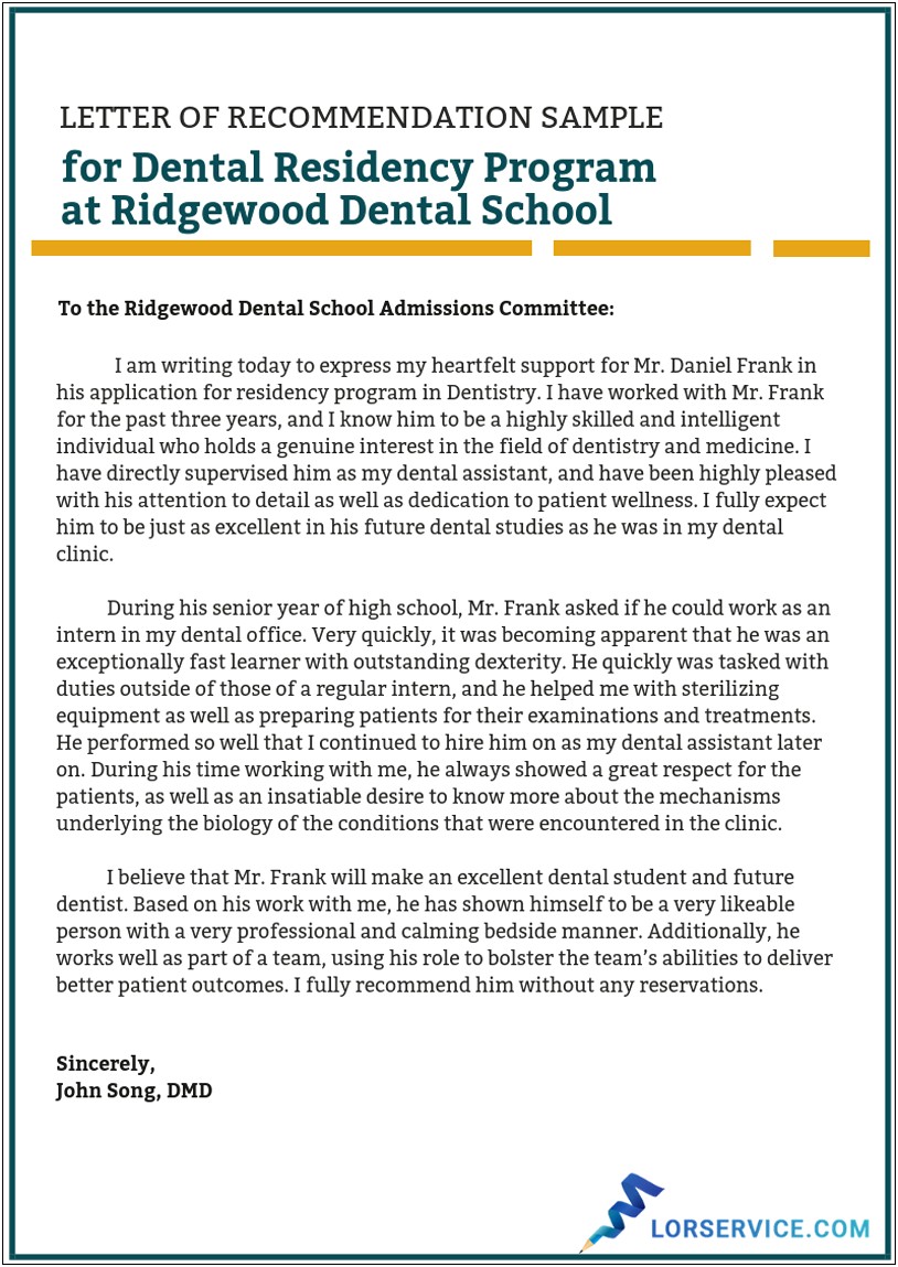 Dental School Letter Of Recommendation Template