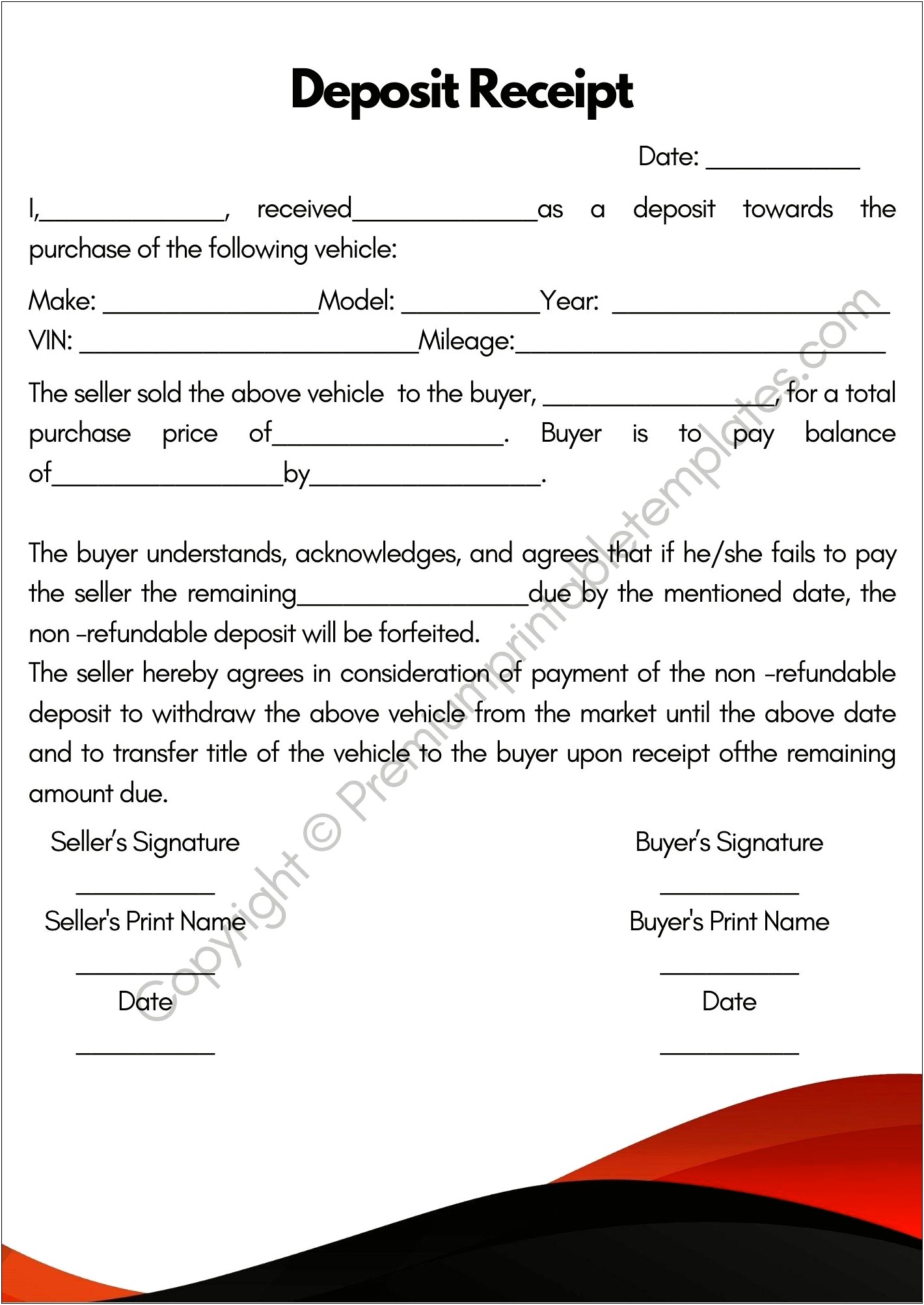 Deposit For Car Sale Ms Word Template