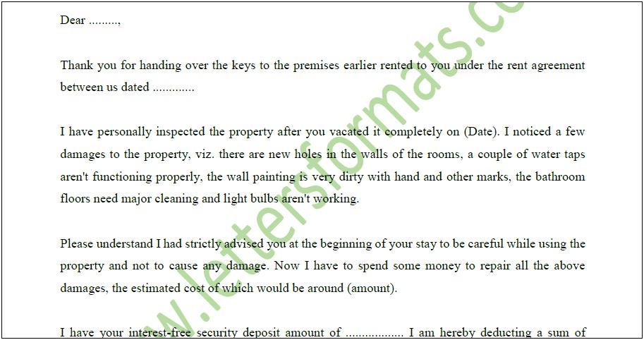 Deposit Letter To Tenants For Keys Template