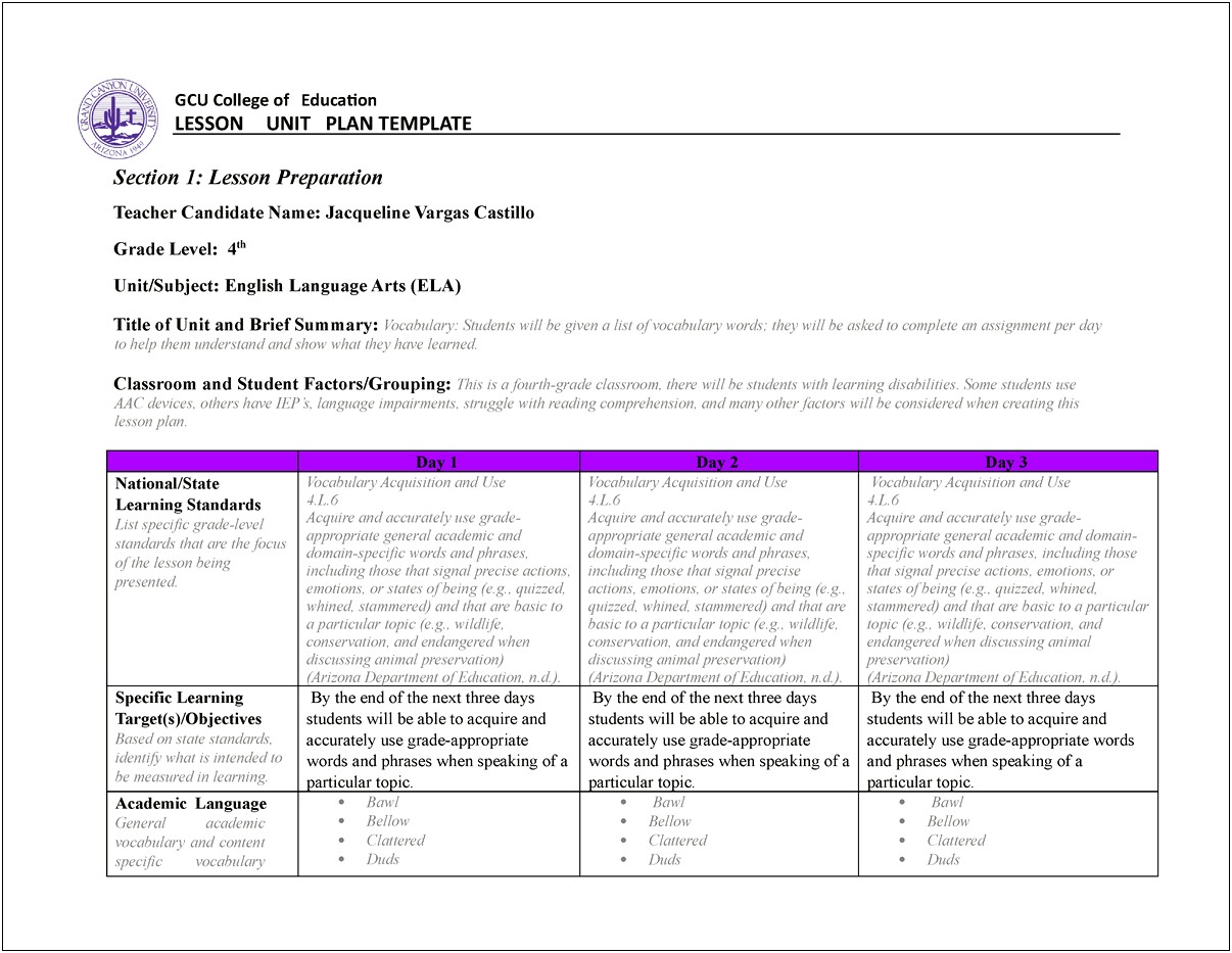 Description Of A Language Arts Unit Plan Template