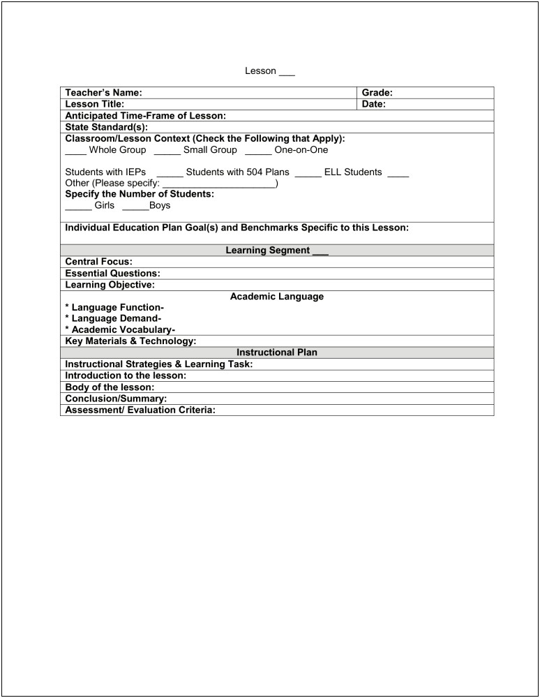 Differentiated Instruction Lesson Plan Template Elementary