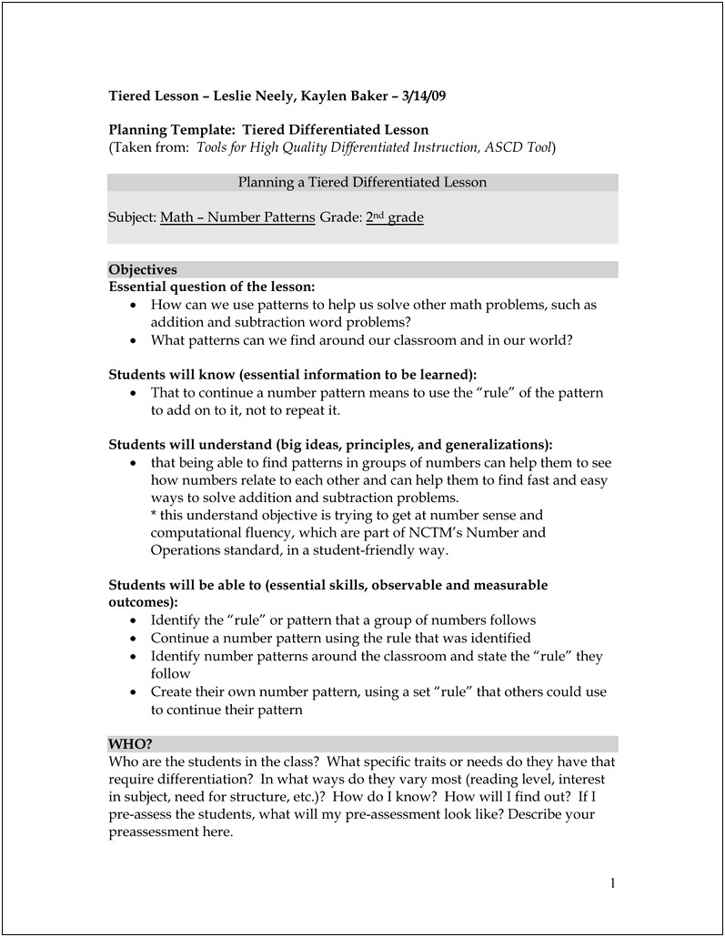 Differentiated Instruction Lesson Plan Template For Preschool