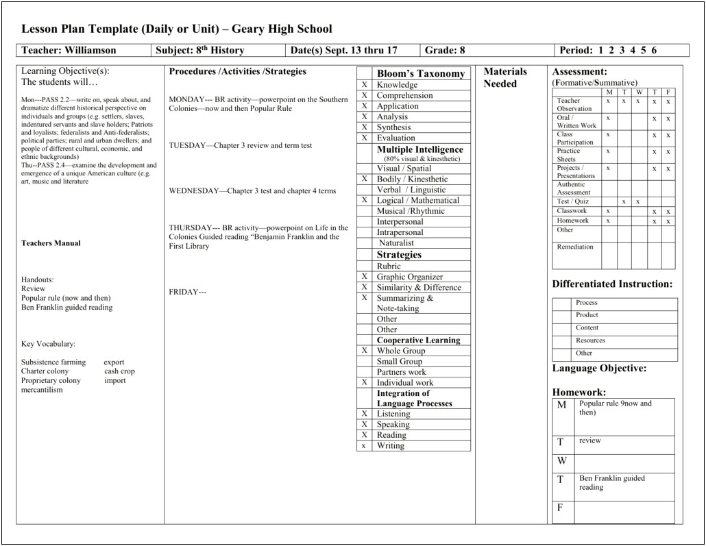 Differentiated Instruction Lesson Plan Template Jr High