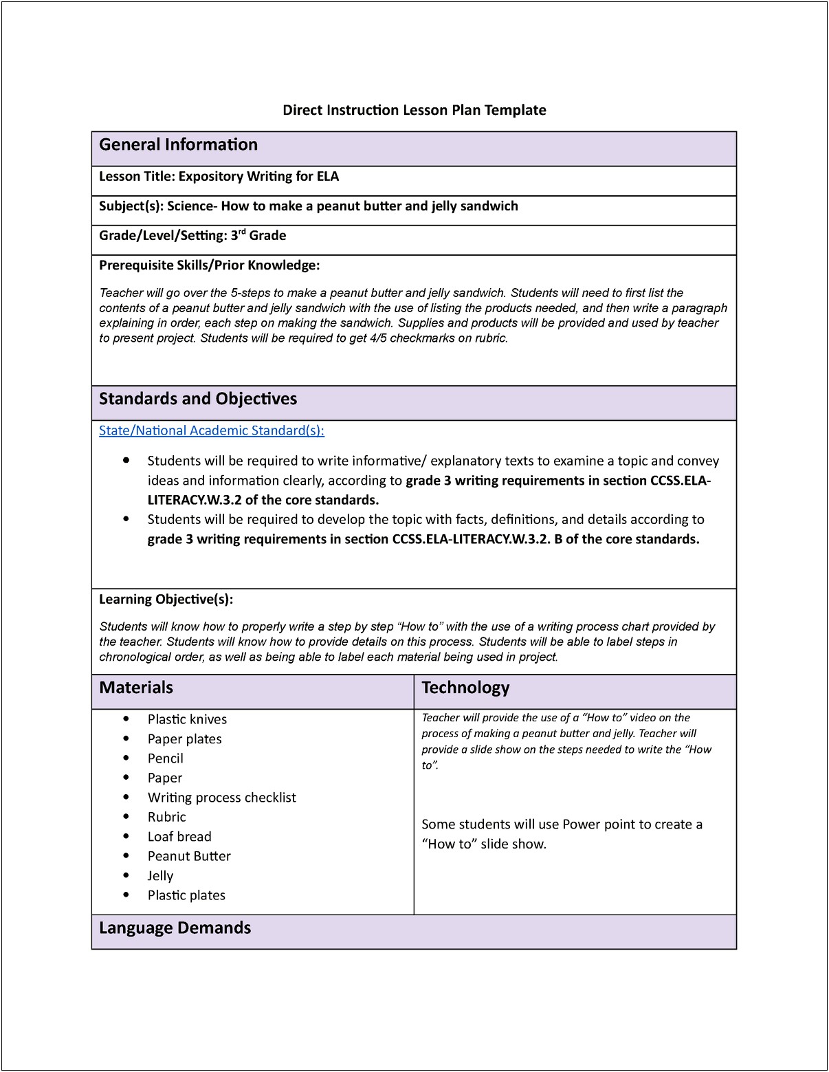 Direct Interactive Instruction Lesson Plan Template