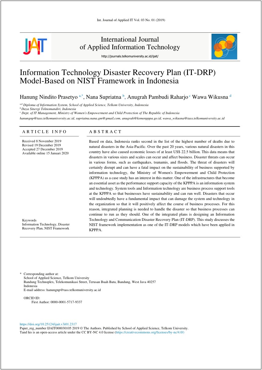 Disaster And Recovery Plan Information Technology Template Nist