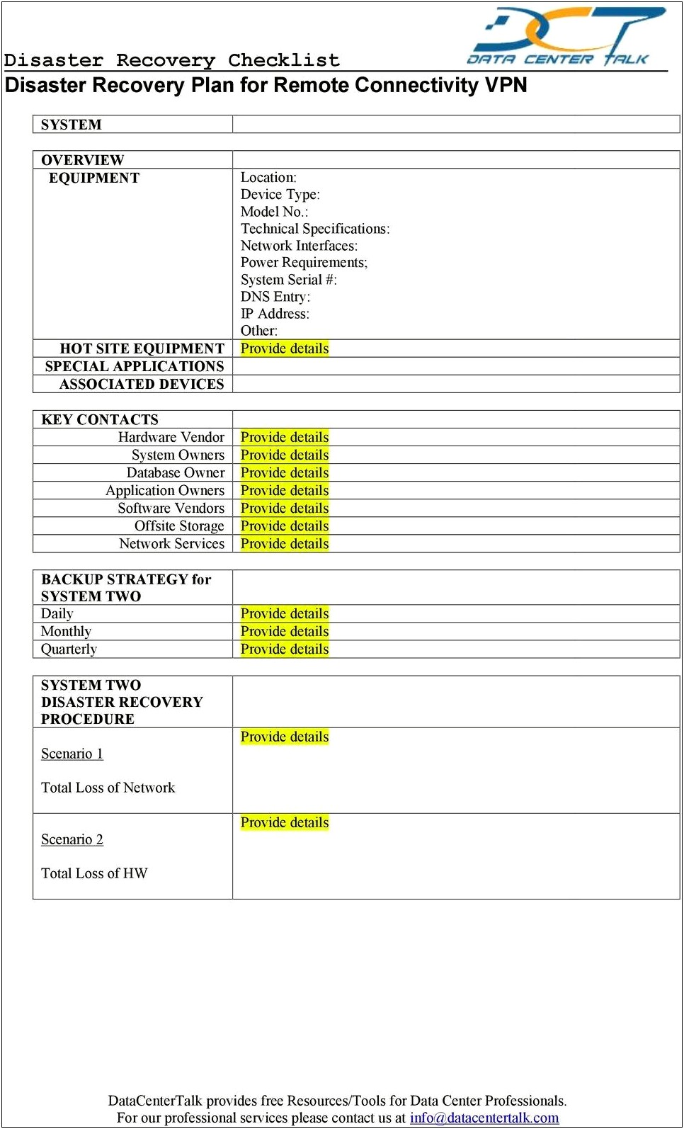 Disaster Recovery Plan For Data Center Template