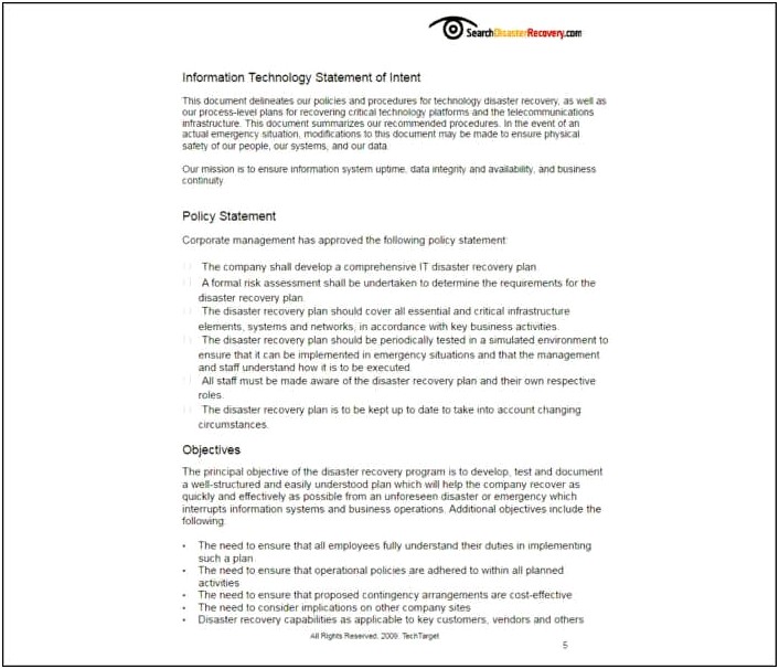 Disaster Recovery Plan Information Technology Template