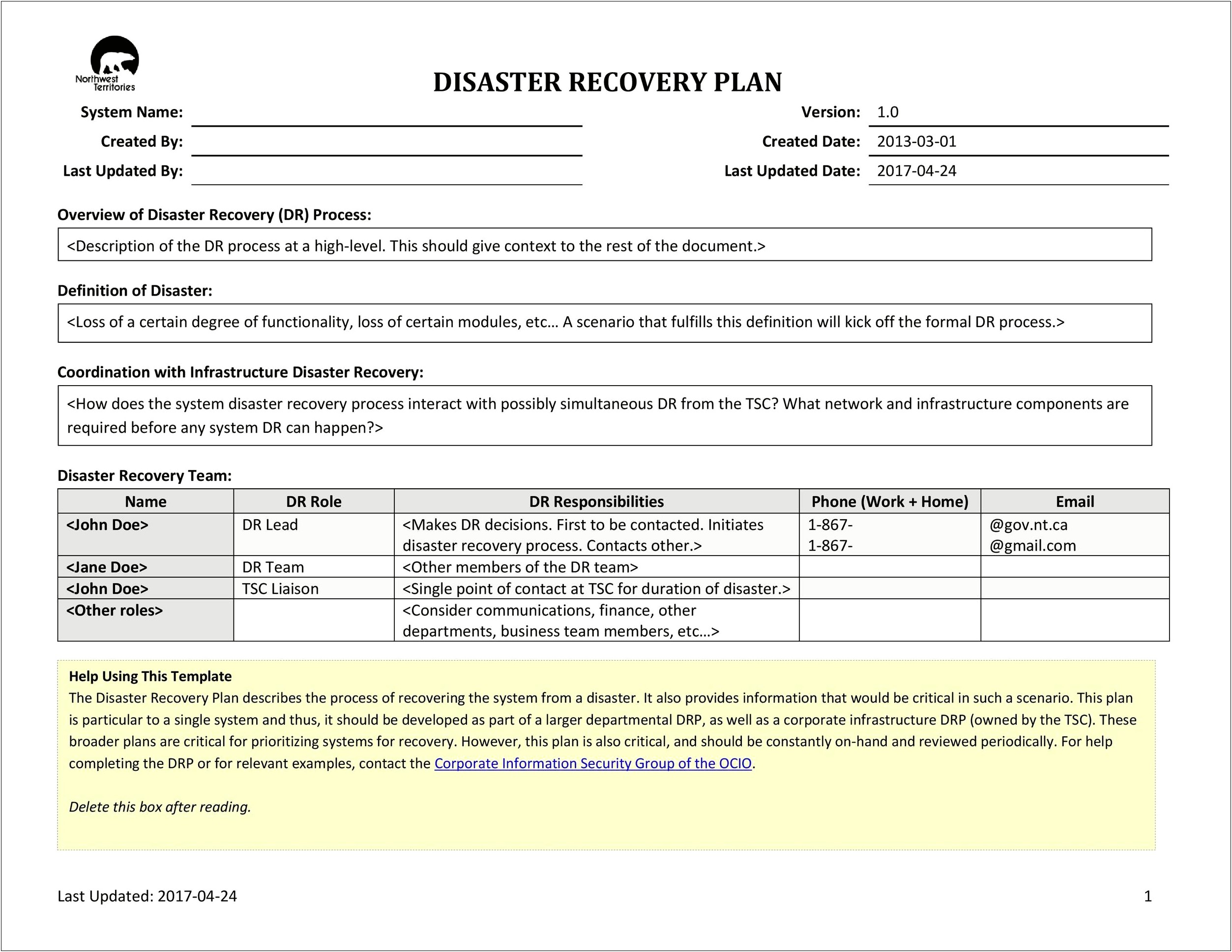 Disaster Recovery Plan Template For Data Center