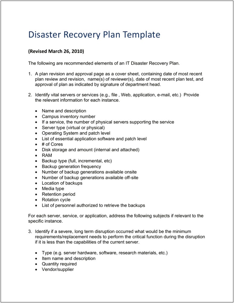 Disaster Recovery Plan Template For Schools