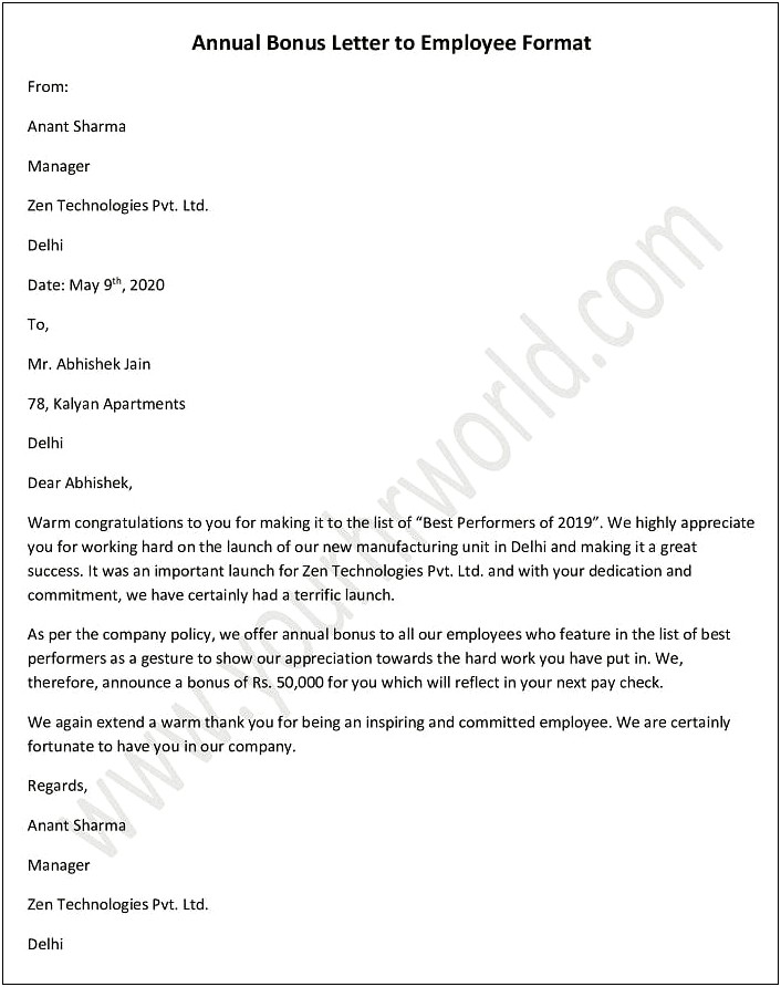 Discretionary Bonus Letter To Employee Template