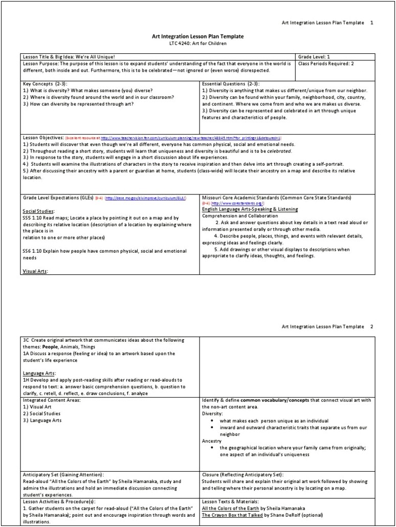 Diversity Activity For Preschoolers Curriculum Planning Template