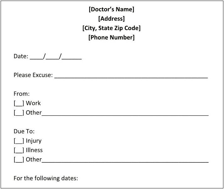 Doctors Excuse Letter For Work Template