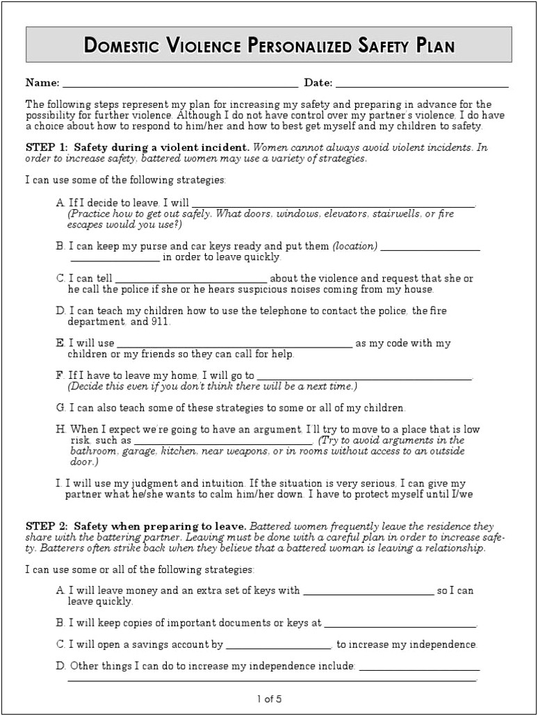 Domestic Violence Safety Plan Template Spanish