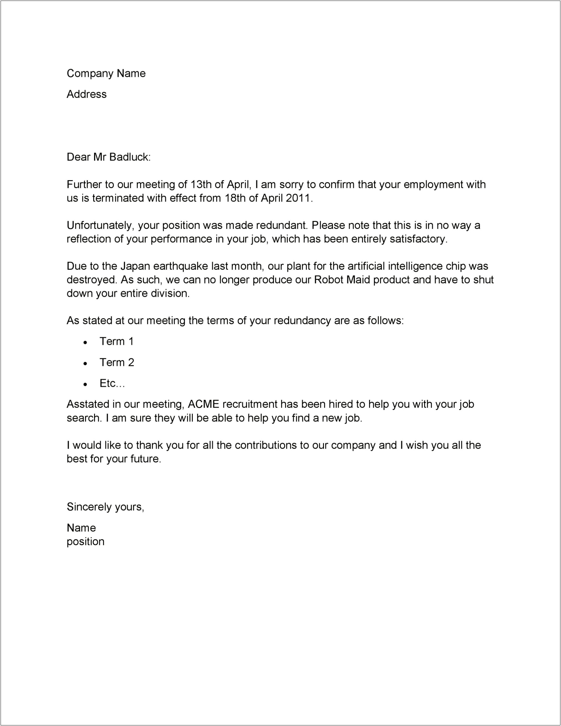 Domestic Worker Retrenchment Letter Template South Africa
