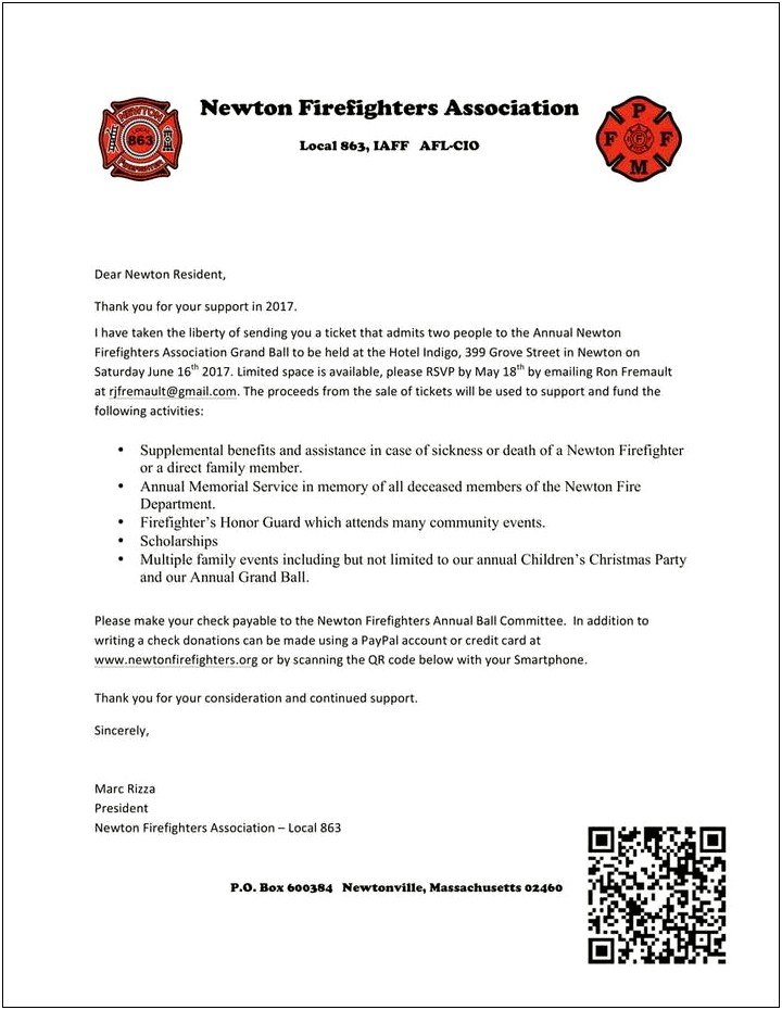 Donation Volunteer Fire Department Thank You Letter Template