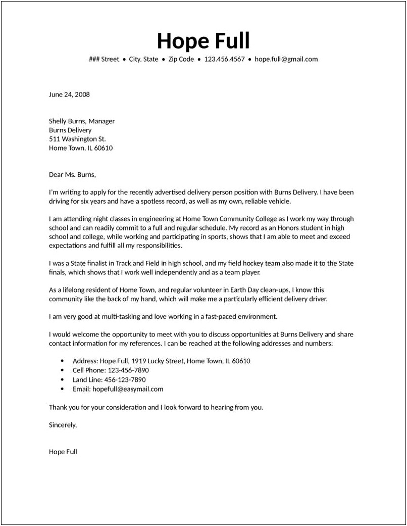 Driving Job Out Of State Cover Letter Template