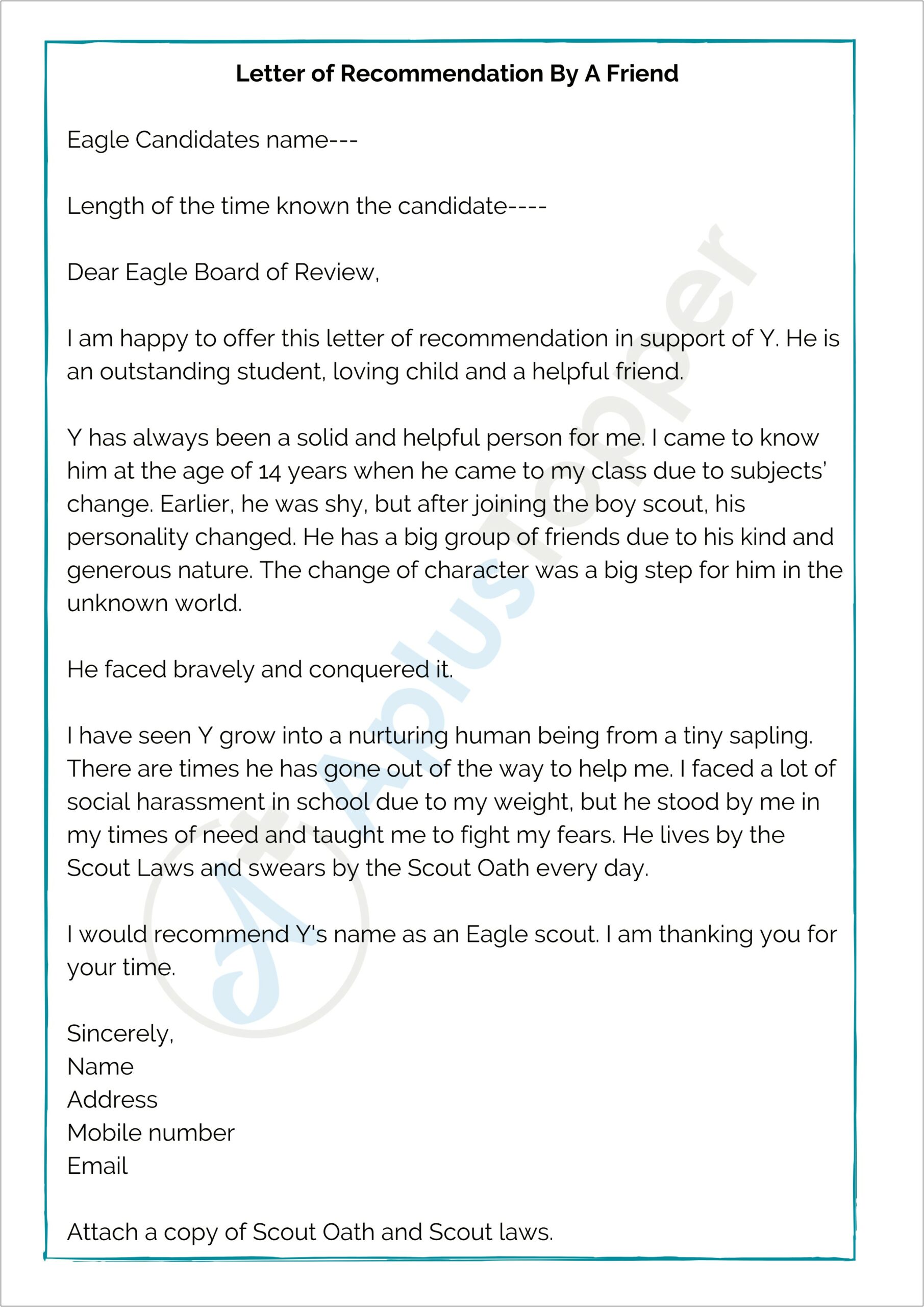 Eagle Scout Candidate Reference Letter Template