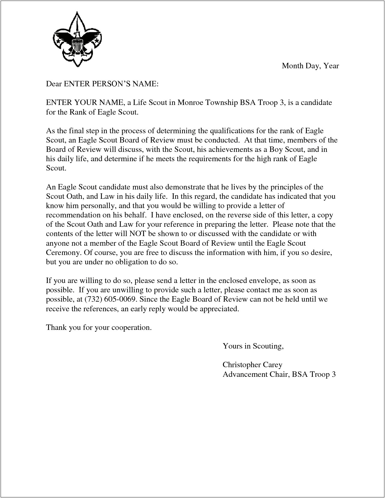 Eagle Scout Letter Of Recomidation Template