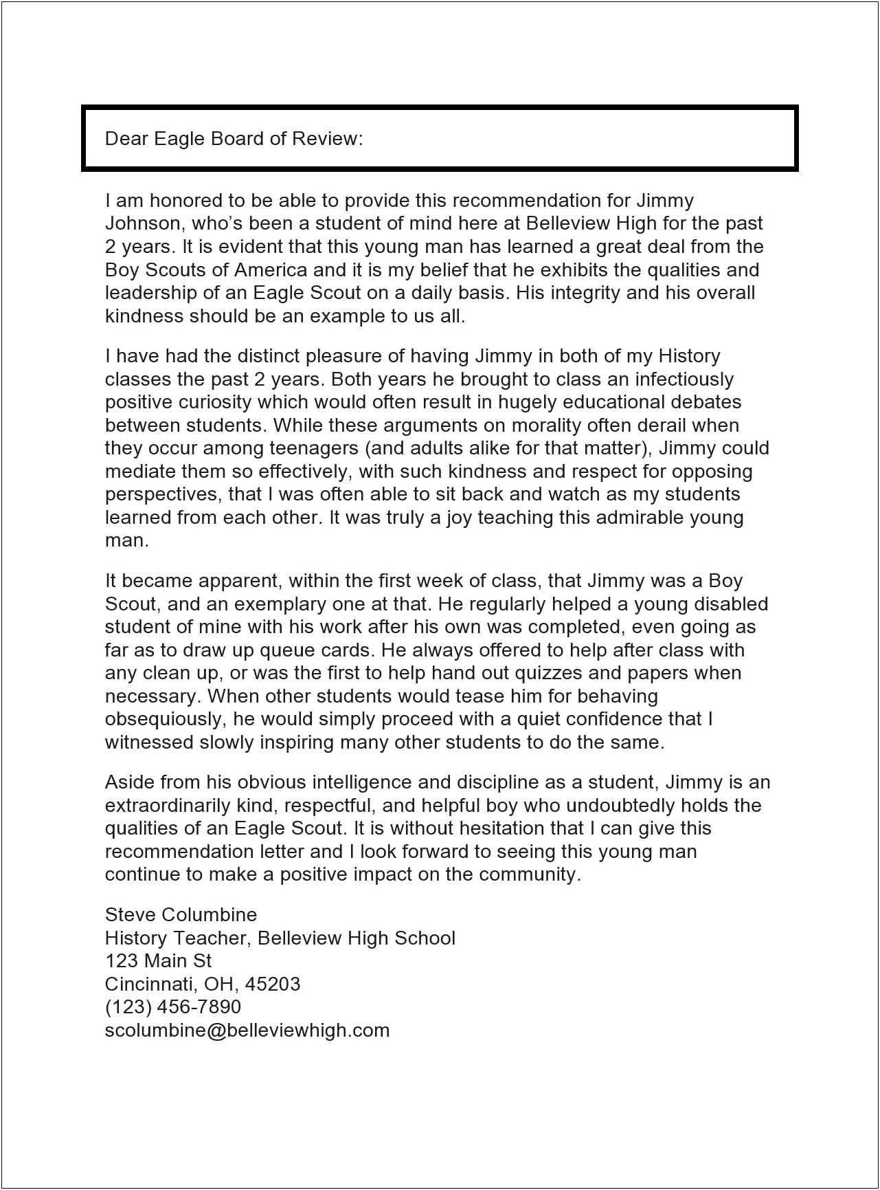 Eagle Scout Parent Recommendation Letter Template