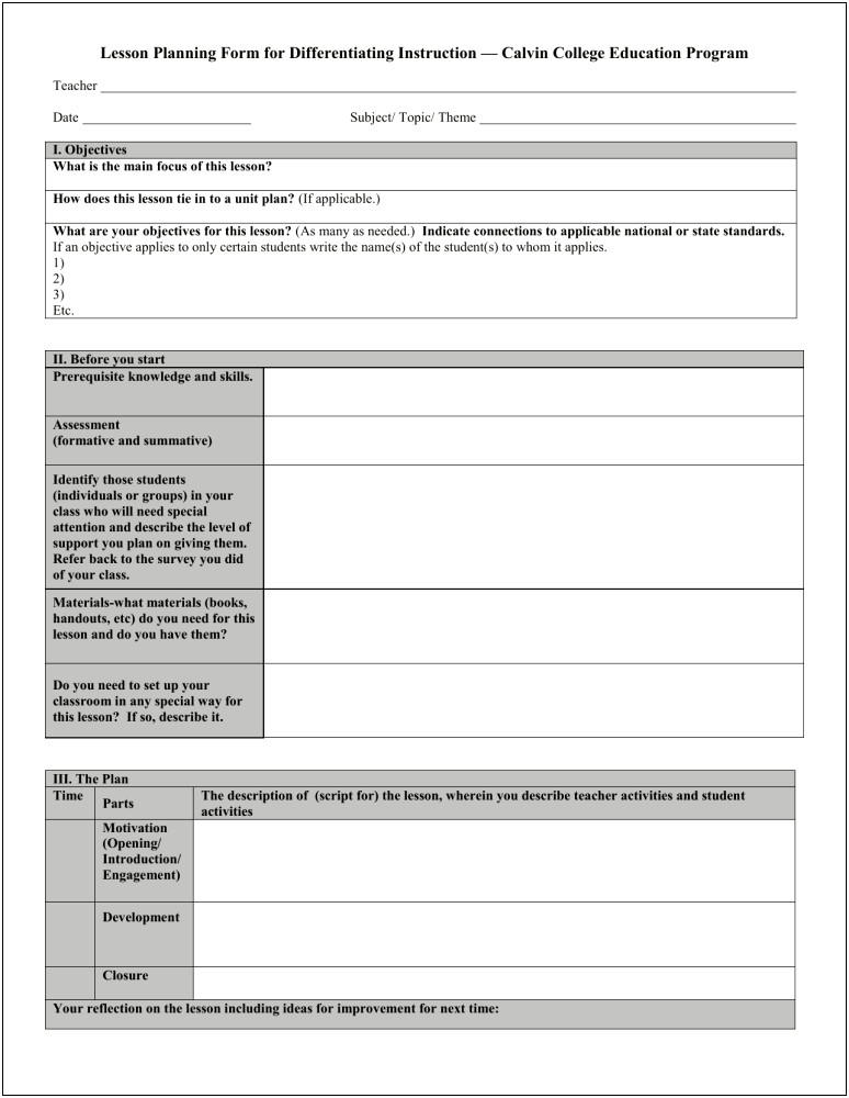 Early Childhood Special Education Lesson Plan Template