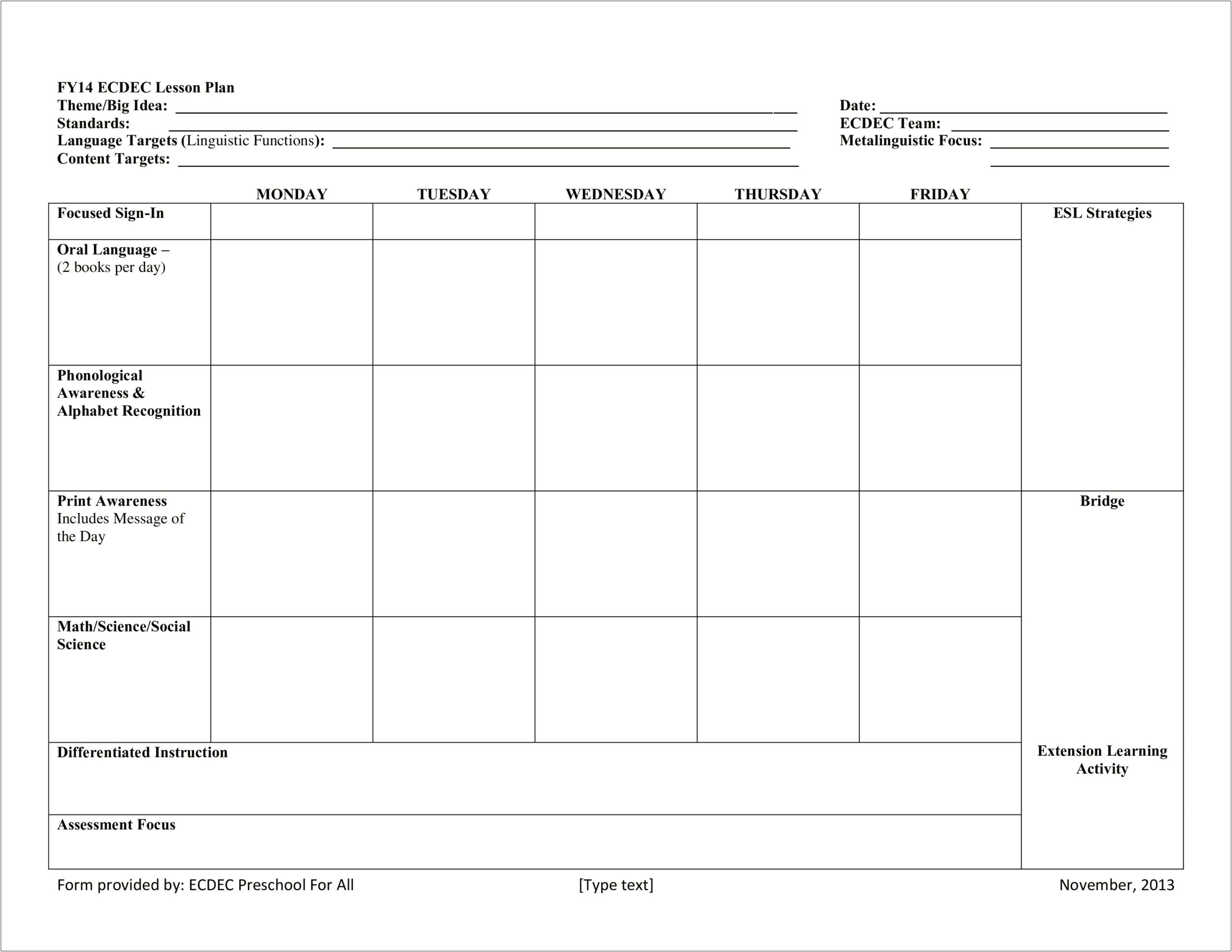 Early Childhood Weekly Lesson Plan Template