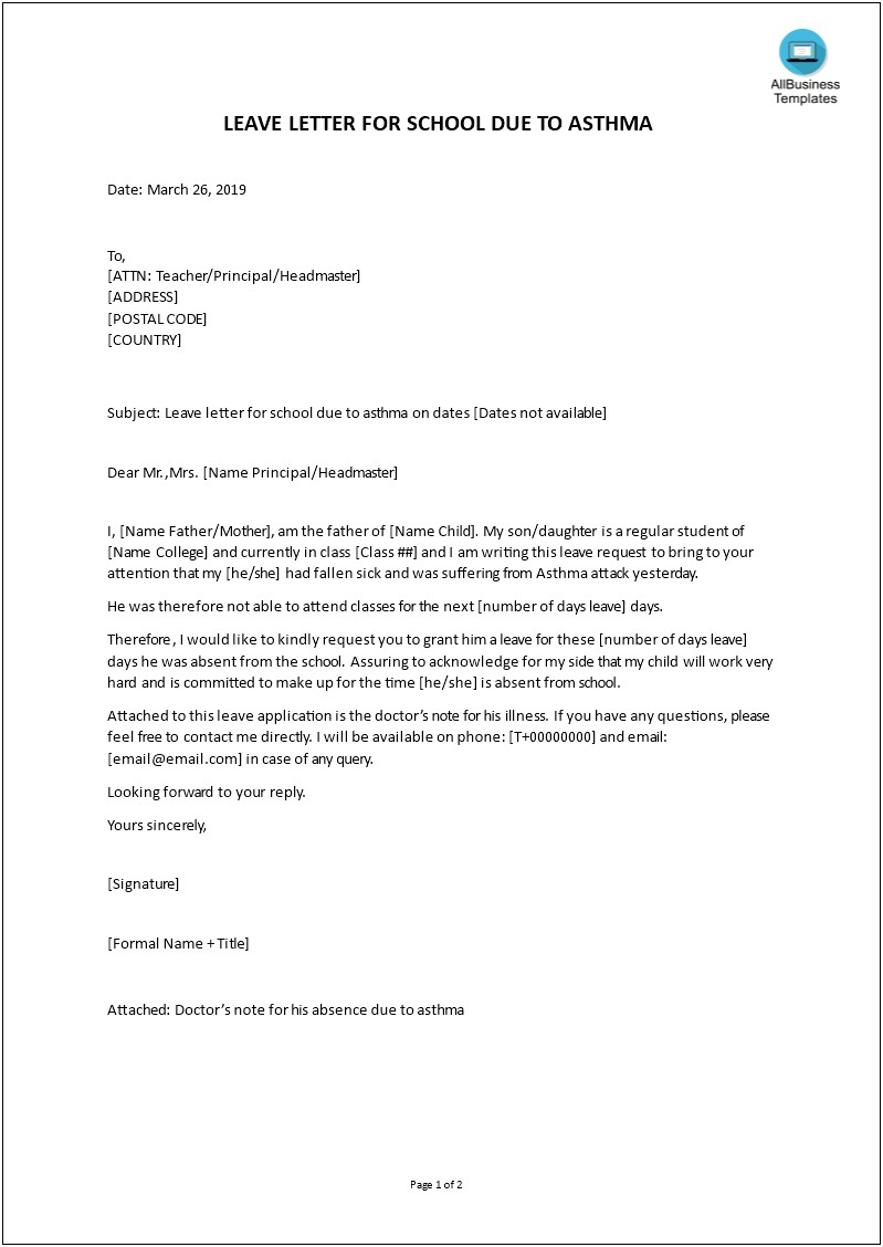 Early Leave Letter To Teacher Template