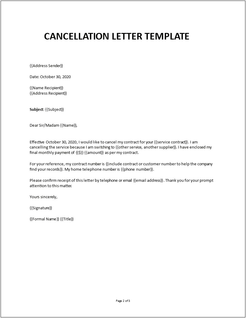 Early Termination Of Contract Letter Template