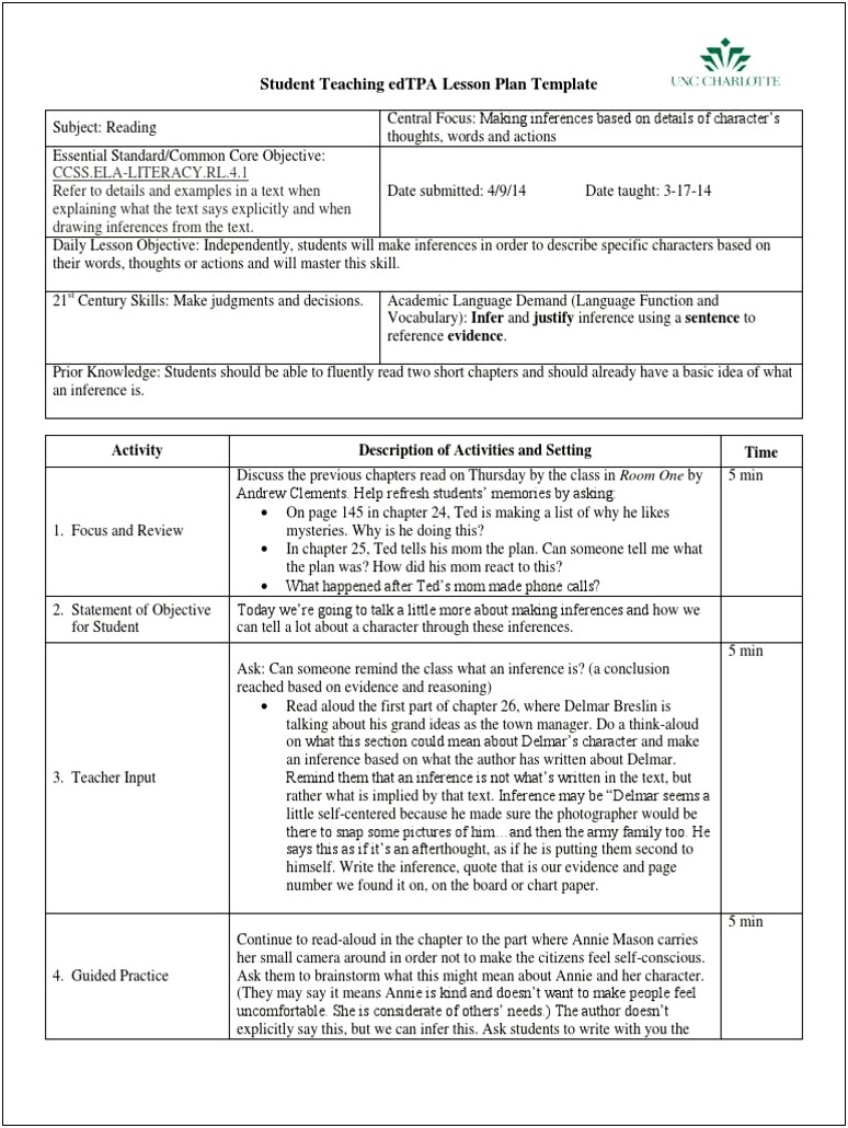 Ed Tpa Elementary Lesson Plan Template