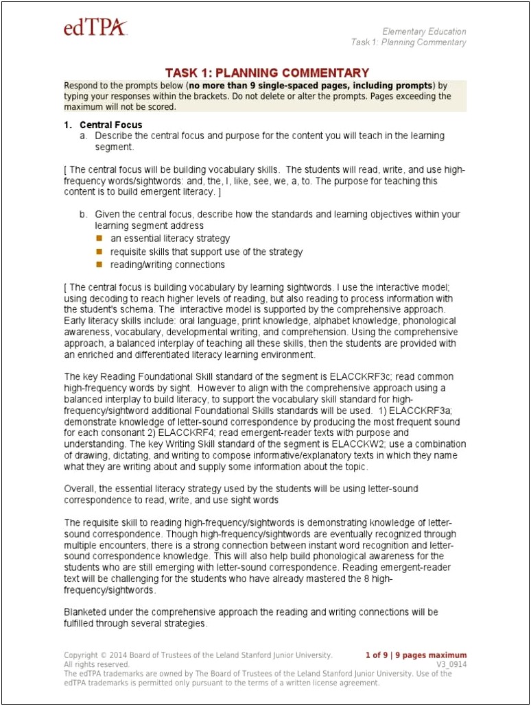 Edtpa Commentary Task 1 Planning Commentary Template